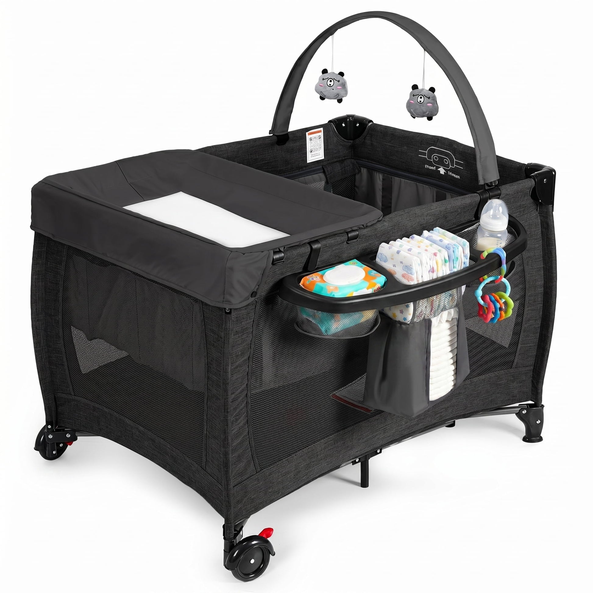 Baby Playard with Detachable Infant Bassinet and Changing Table, Foldable Travel Play Yard with Storage Basket and Wheels,Black