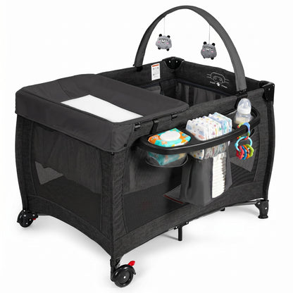 Baby Playard with Detachable Infant Bassinet and Changing Table, Foldable Travel Play Yard with Storage Basket and Wheels,Black