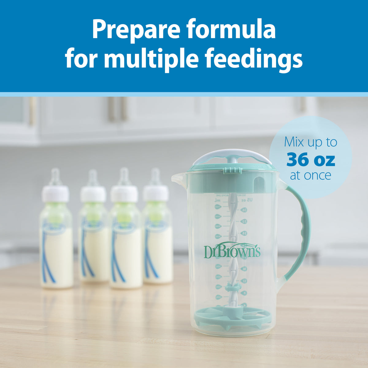 Baby Formula Mixing Pitcher, Adjustable Stopper/Locking Lid/No-Drip Spout, Blue 36Oz, 1 Pack