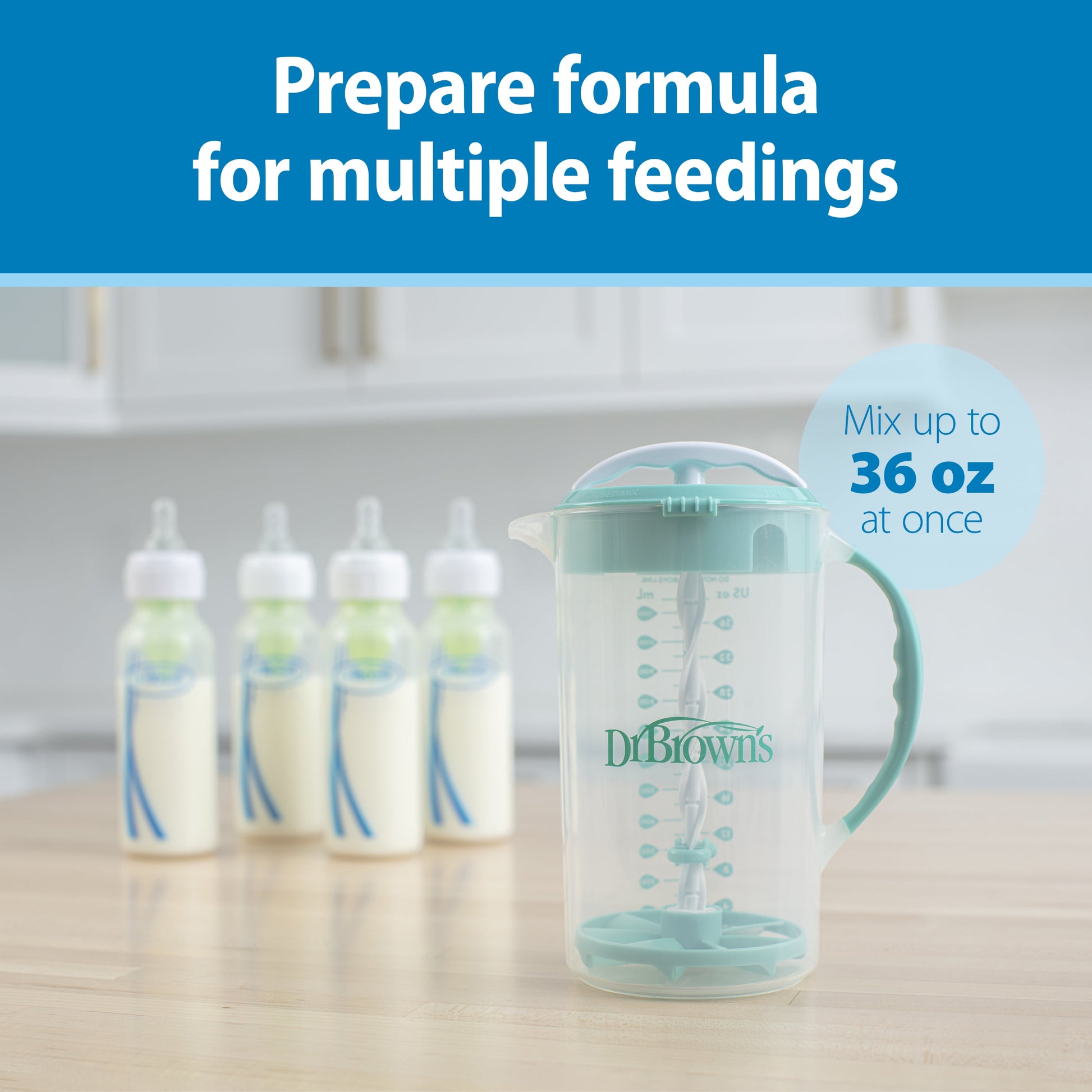 Baby Formula Mixing Pitcher, Adjustable Stopper/Locking Lid/No-Drip Spout, Blue 36Oz, 1 Pack