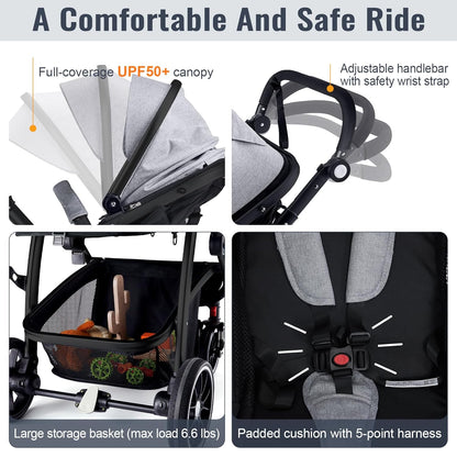 Baby Stroller, 2-In-1 Reversible Toddlerseat with Lie-Flat Mode, Foldable Infant Stroller with Canopy, One Button Brake, Adjustable Handle, Newborn Pushchair (Gray B)