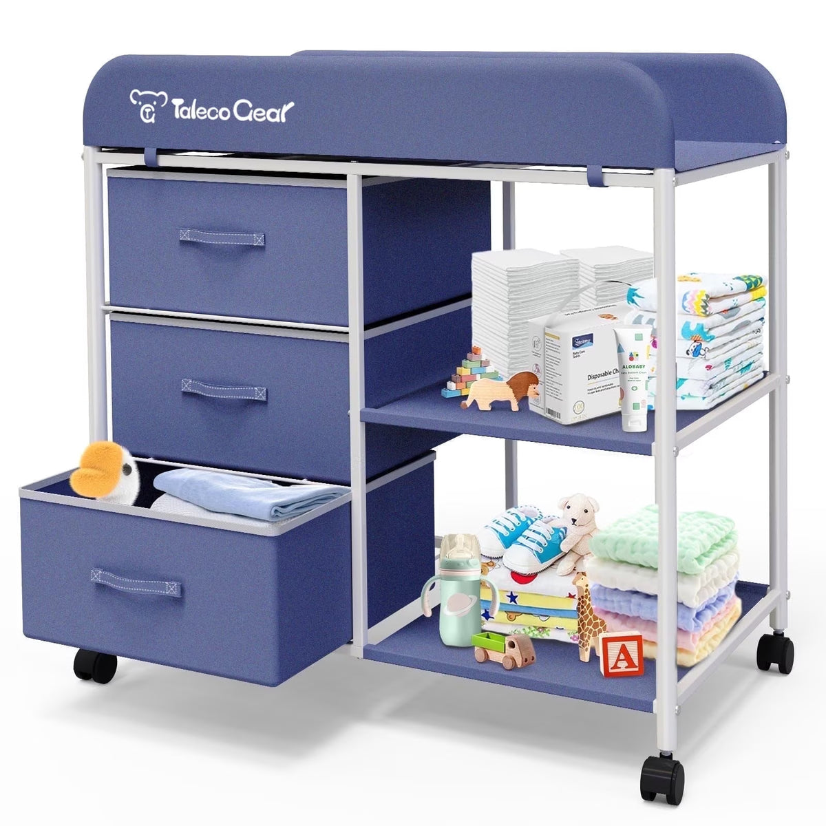 Baby Changing Table, Portable Diaper Changing Station with Wheels, Nursery Organizer for Newborn and Infant, Blue
