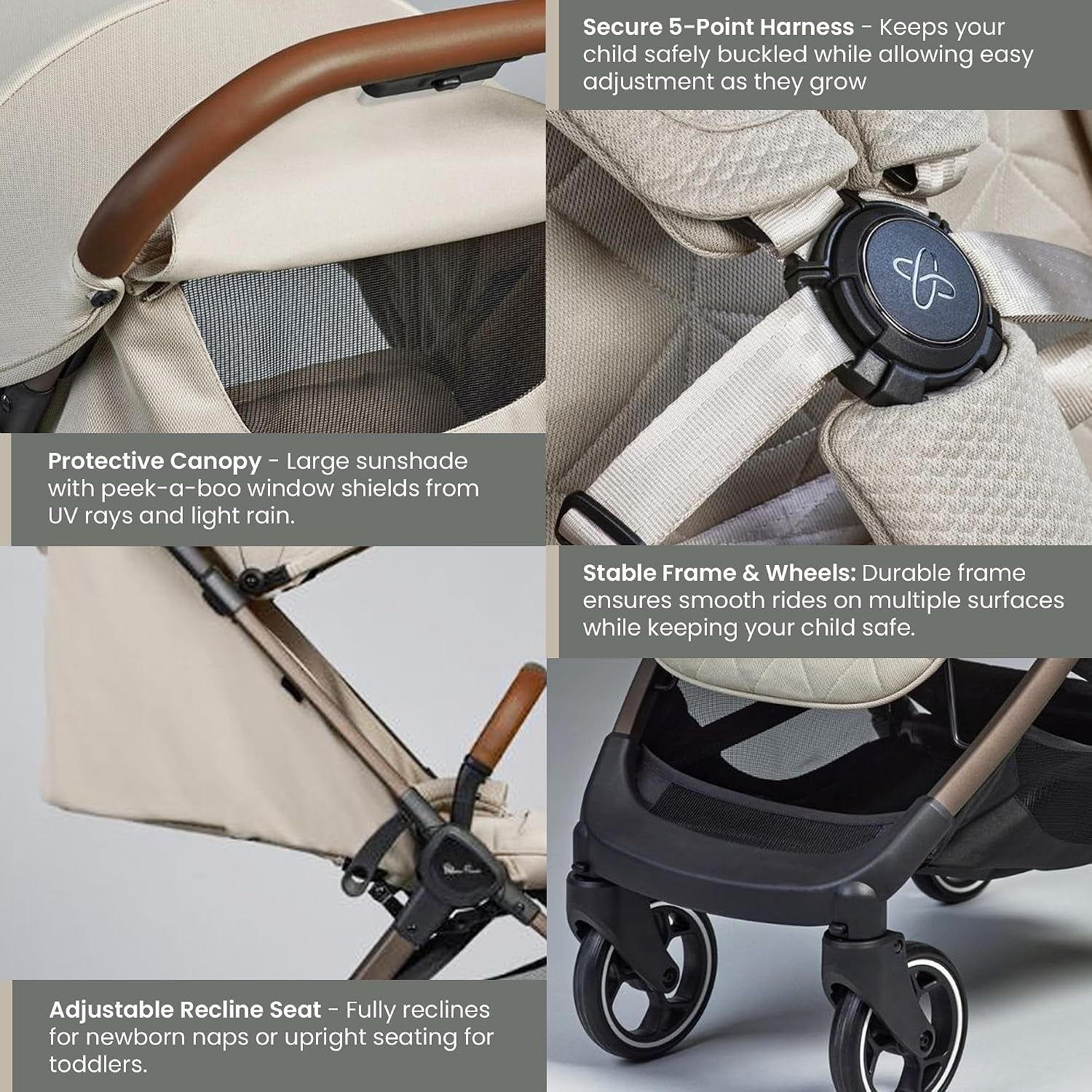 Clic Compact Travel Stroller – (Latte) – Lightweight Baby Stroller for Airplane Travel – One-Hand Fold, Lie-Flat Infant & Toddler Seat – Birth to 55 Lb