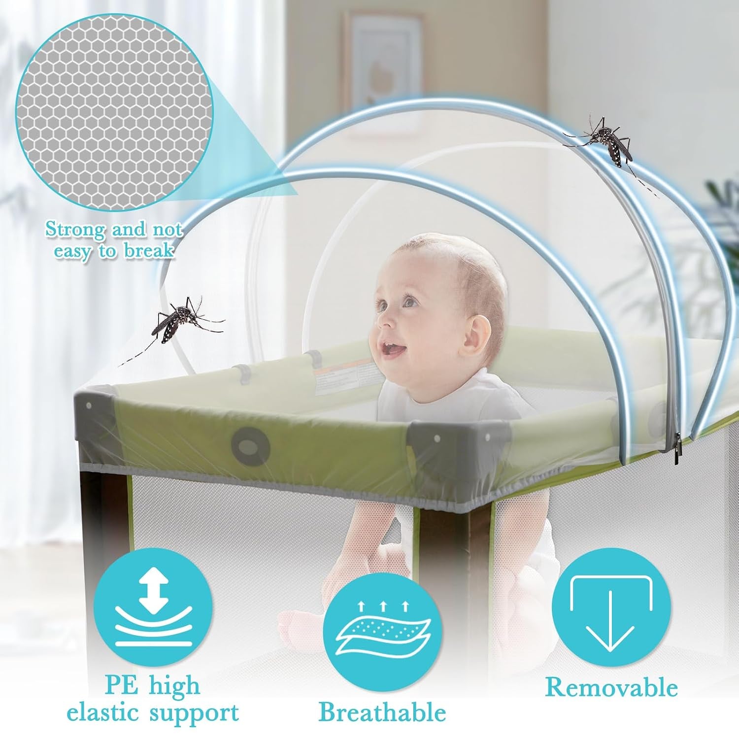 Pack and Play Cover - Crib Net Breathable Mesh Canopy with 2-Way Zipper, Keep Cats & Insects Out for Baby Bassinet/Bedside Sleeper/Travel Crib, Portable with Storage Bag(White-Large)