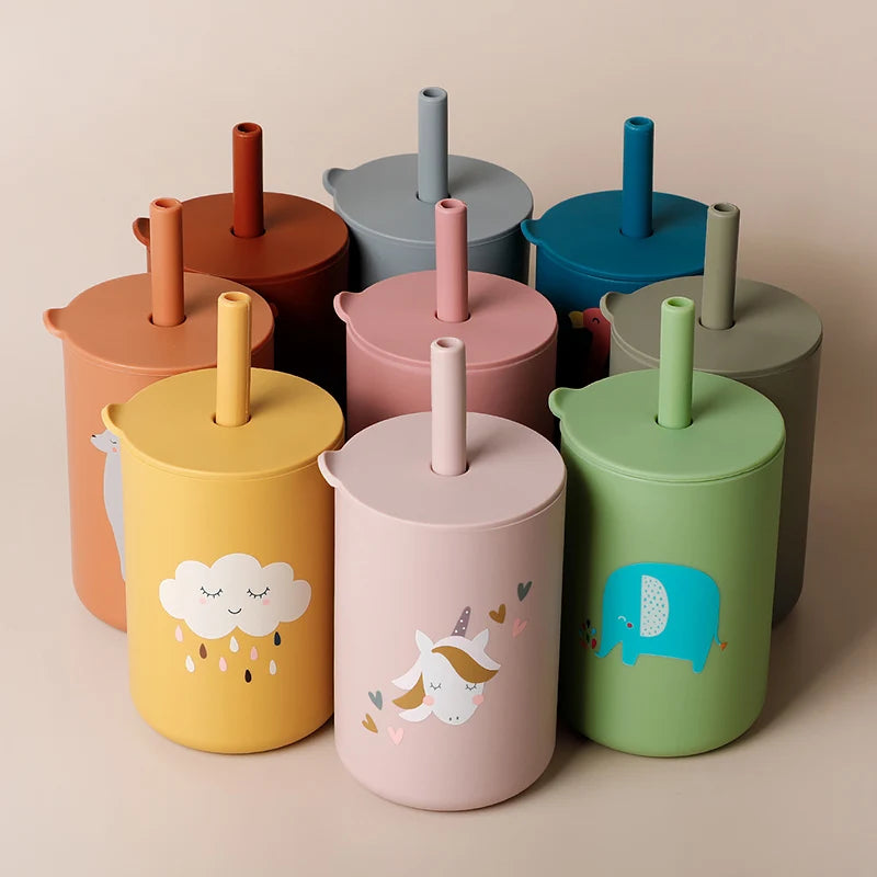 1PC Baby Feeding Drinkware Straw Cup Baby Cartoon Learning Feeding Cup Food Grade Silicone Toddler Water Bottle Tableware