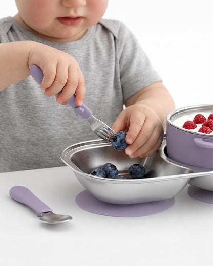 Stainless Steel Baby Feeding Set with Detachable Suction Base, Toddler Plates, Bowl, Cup & Kids Utensils, Grow-With-Baby Feeding Essentials for Self Feeding, Toddler Dinnerware Snack, Lilac