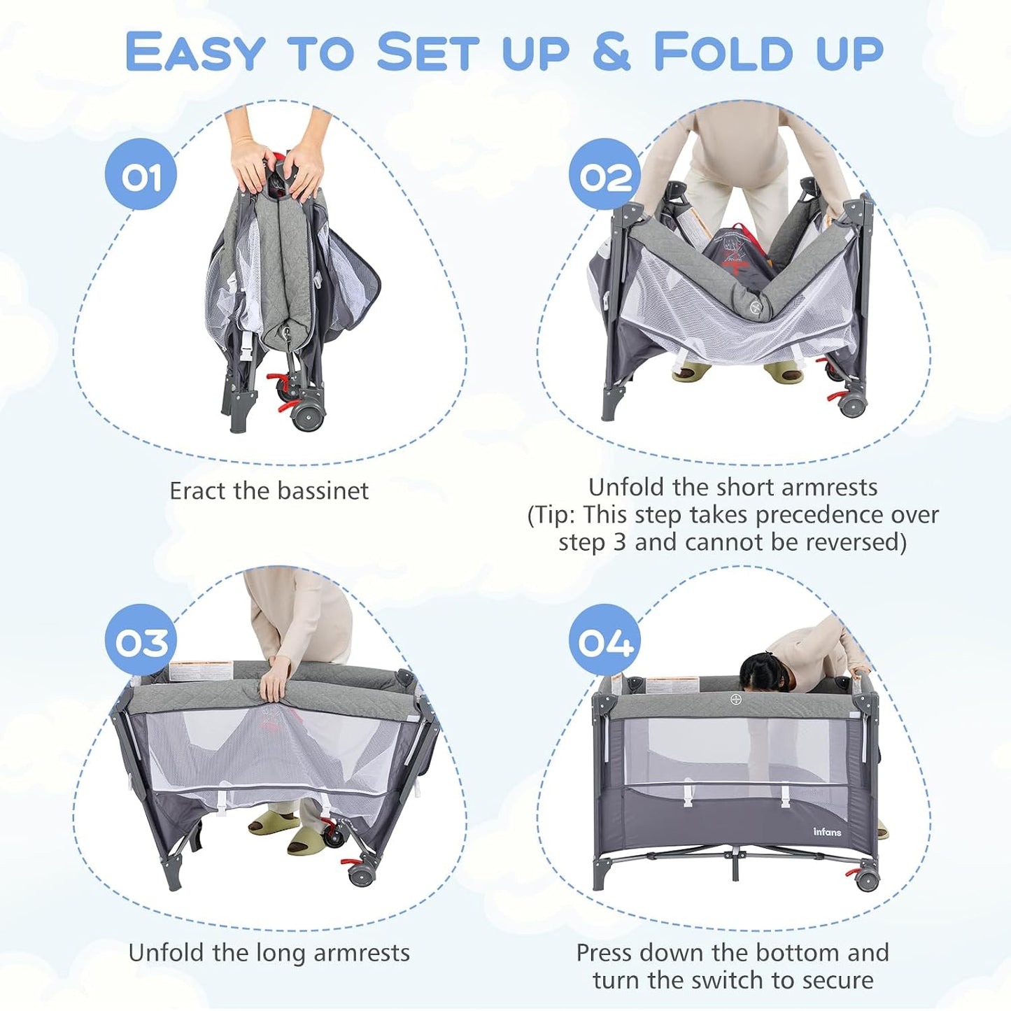 Pack and Play, 5 in 1 Baby Bedside Sleeper with Bassinet, Diaper Changer, Mattress, Carry Bag, Music Box Hanging Toys, Foldable Bedside Crib, Portable Playard for Newborn Toddlers (Classic)