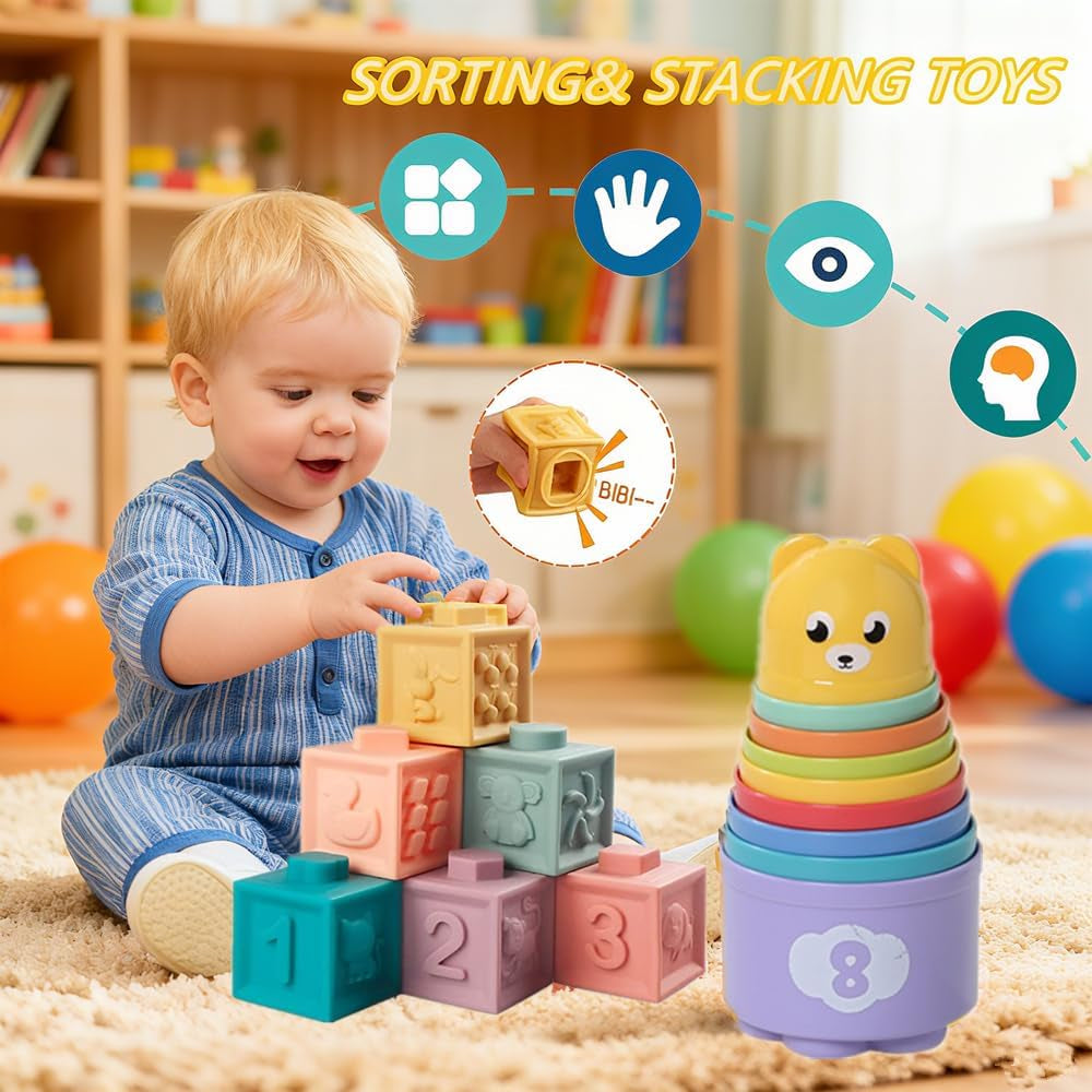 Baby Toys 6-12 Months, Montessori Toys for 1 Year Old, Silicone Pull String Teether Toy, Stacking Building Blocks Infant Toddler Toy 0-3, Shape Bin Sensory, Baby Boys&Girls Gifts Set