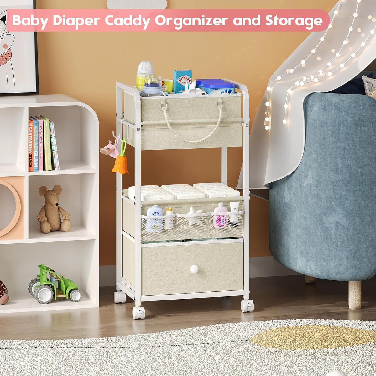2In1 Baby Diaper Caddy Organizer and Storage, 3 Tier Rolling Cart with Drawer, Detachable Dividers, Mobile Utility Cart Baby Dresser Clothes Organizer for Baby Essentials, Bedroom, Nursery