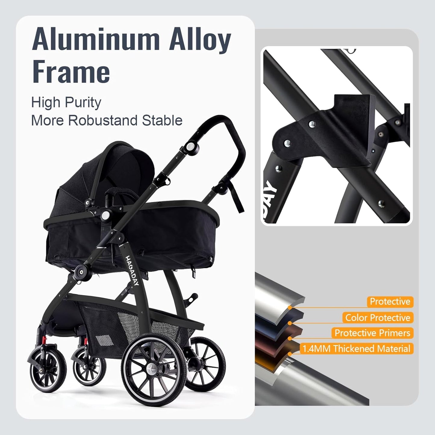 Baby Stroller, 2-In-1 Reversible Toddler Seat with Lie-Flat Mode, Foldable Infant Stroller with Canopy, One Button Brake, Adjustable Handle, Newborn Pushchair (Black B)