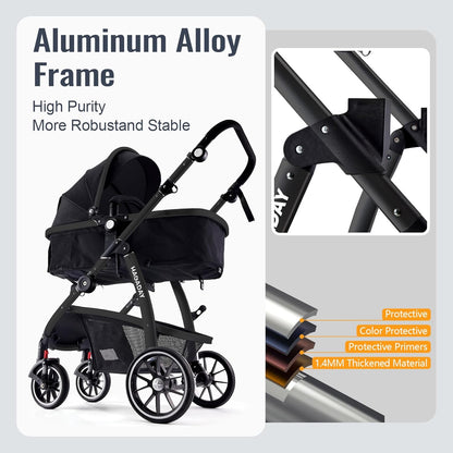 Baby Stroller, 2-In-1 Reversible Toddler Seat with Lie-Flat Mode, Foldable Infant Stroller with Canopy, One Button Brake, Adjustable Handle, Newborn Pushchair (Black B)