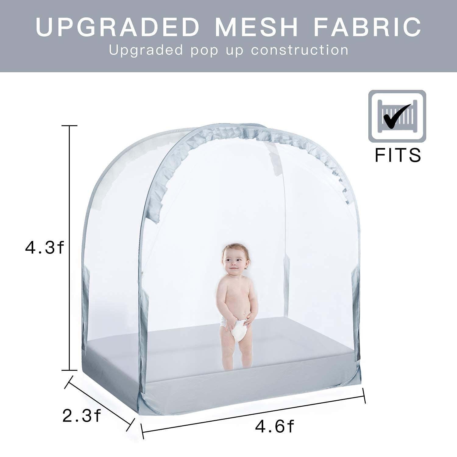 Baby Crib Tent, Pop up Crib Net to Keep Baby in | Stop Baby from Climbing Out of Crib, Breathable Mesh, Auto-Lock Zipper, Size 55.2" L X 27.6" W X 51.6" H, Free-Installation