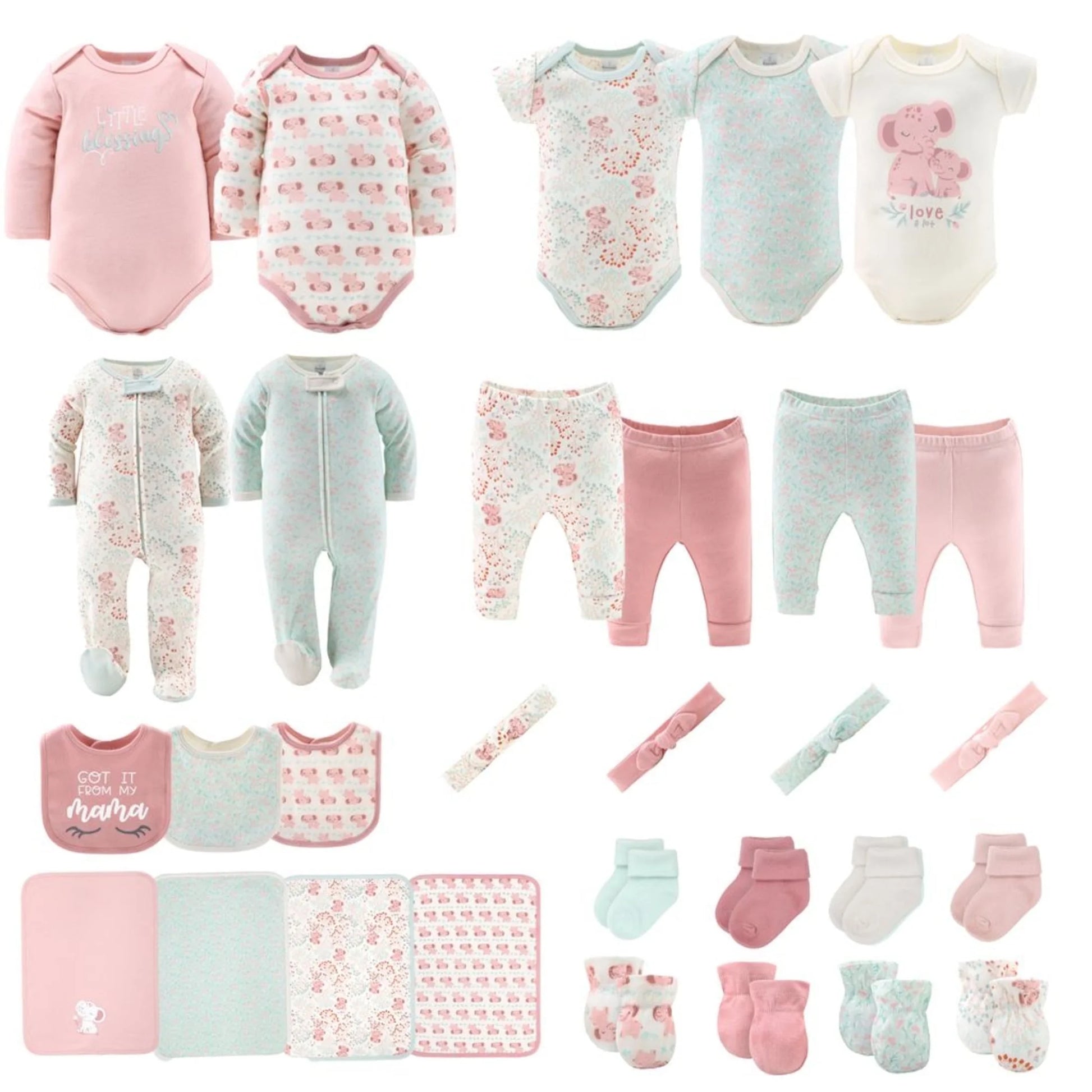 Baby Girl Pink Floral Elephant Cotton Layette Gift Set, Baby Clothes Essentials, 30-Piece
