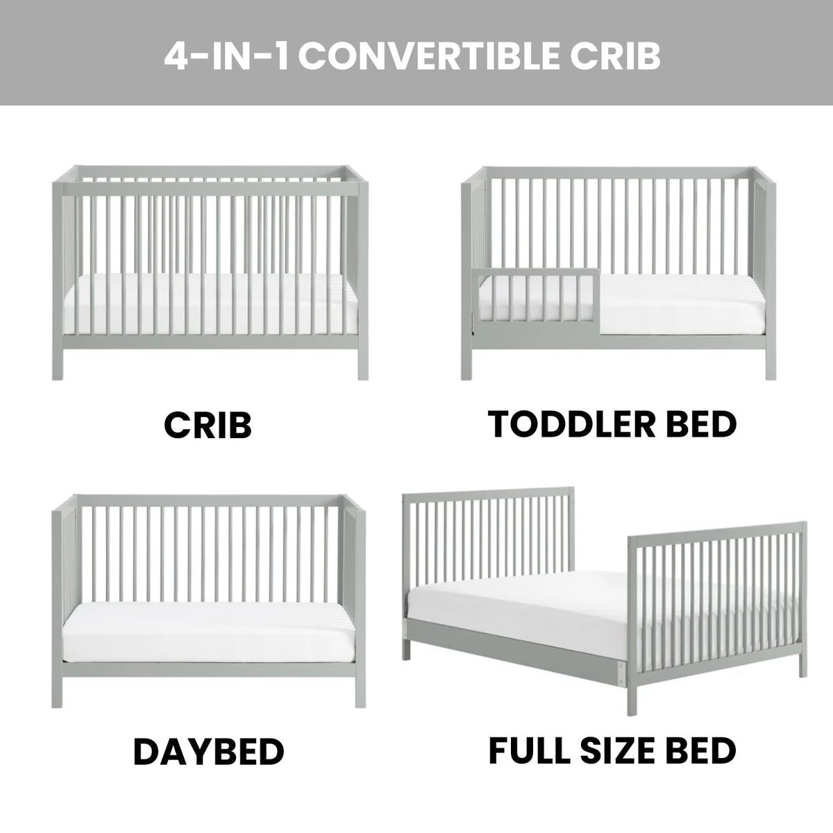 Essentials Island Full Size 4-In-1 Convertible Baby Crib with round Spindles, Gray