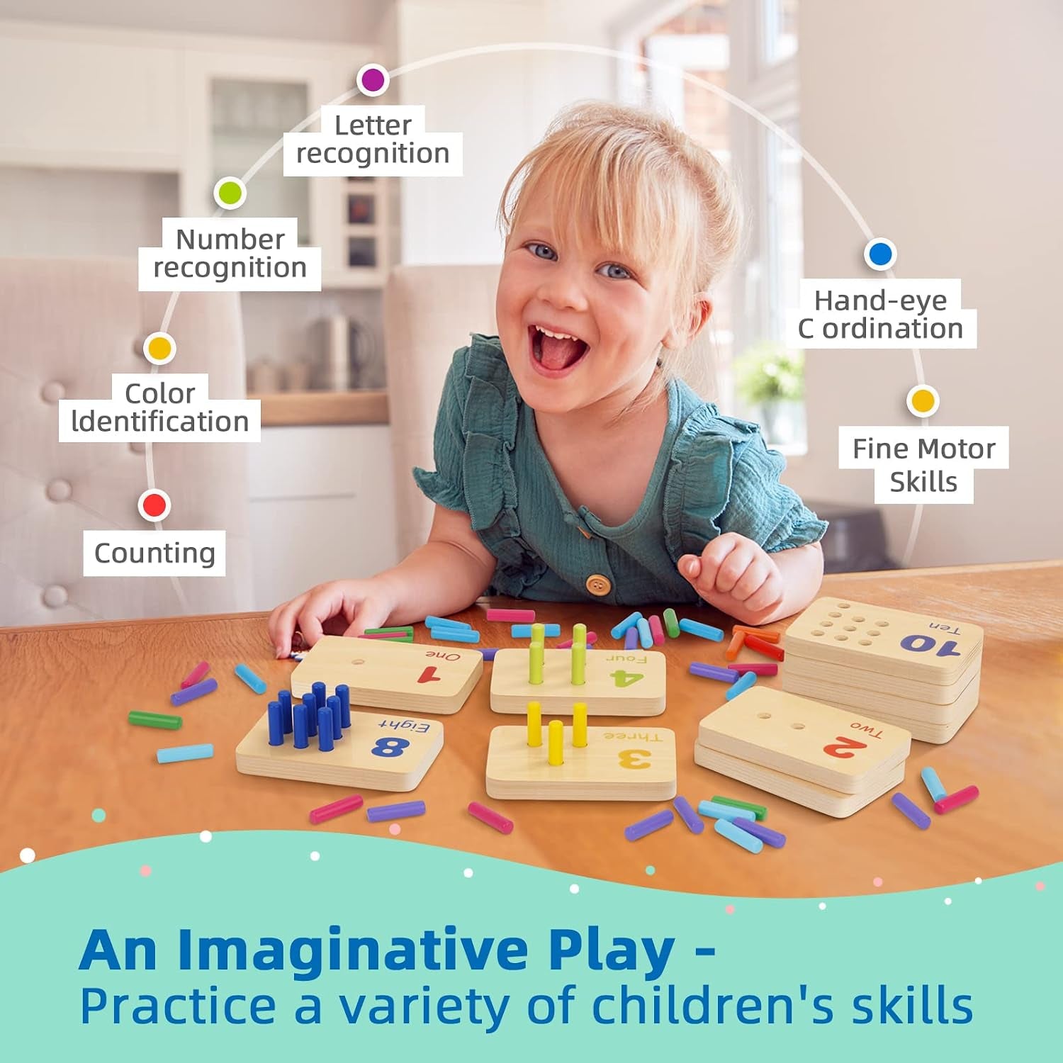 Peg Board Toddler Toys, Counting Wooden Toys with 55 Pegs | Wooden Math Manipulatives, Montessori Math and Numbers for Kids & Kindergarten Learning Activities