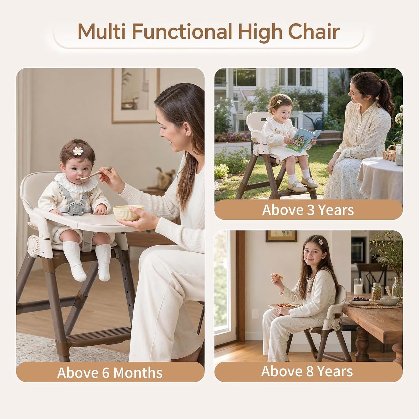 Foldable High Chair for Baby, Easy-To-Clean Feeding Chair with Removable Tray, Adjustable Legs and Seat Belt for Infant Toddlers,Beige