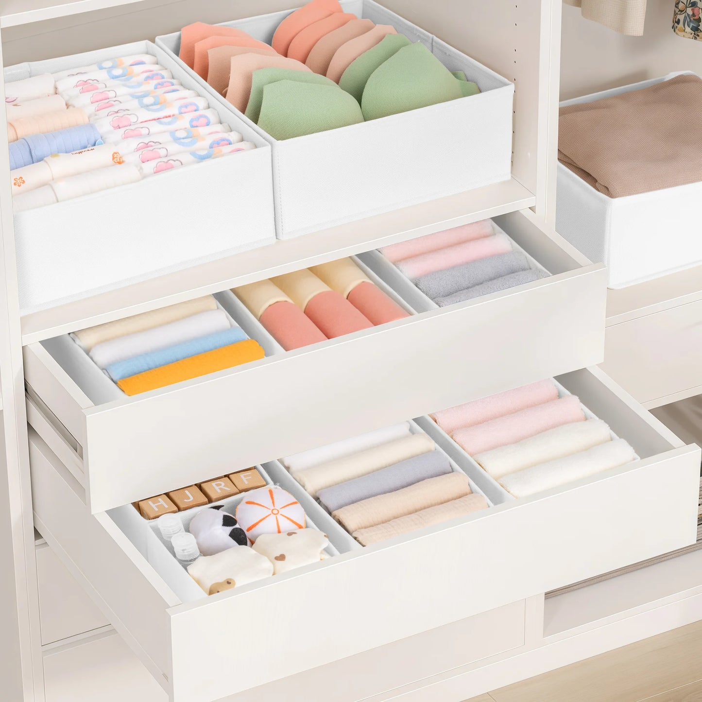 9 Pack Drawer Organizers for Clothes, Foldable Fabric Closet Organizers and Drawer Dividers for Clothing, Baby Clothes, Socks, Underwear & Accessories, White