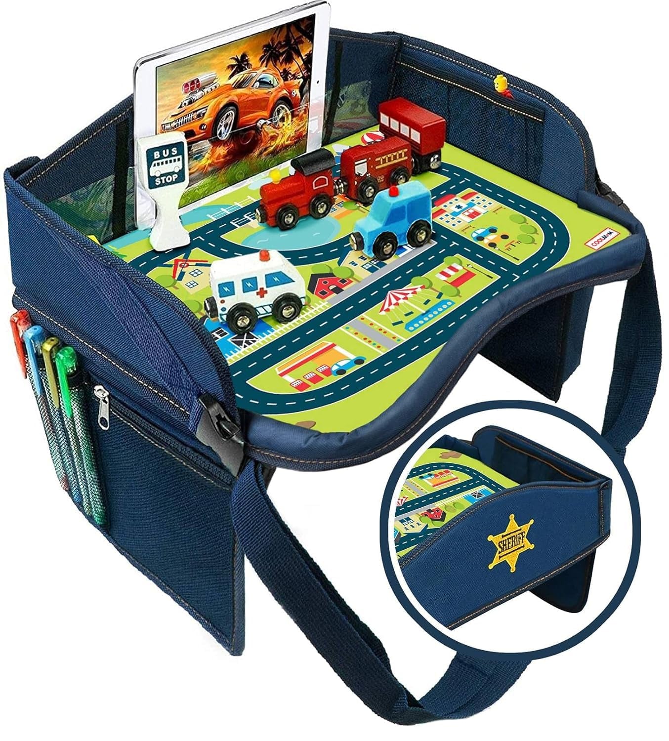 2-In-1 Kids Toddler Travel Tray & Back Seat Organizer — Foldable Waterproof Car Tray with Tablet Holder, Cup Holder, Storage Pockets for Road Trips & Airplane (Premium Blue)