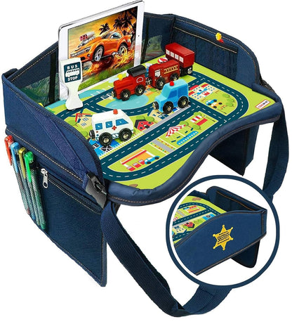 2-In-1 Kids Toddler Travel Tray & Back Seat Organizer — Foldable Waterproof Car Tray with Tablet Holder, Cup Holder, Storage Pockets for Road Trips & Airplane (Premium Blue)