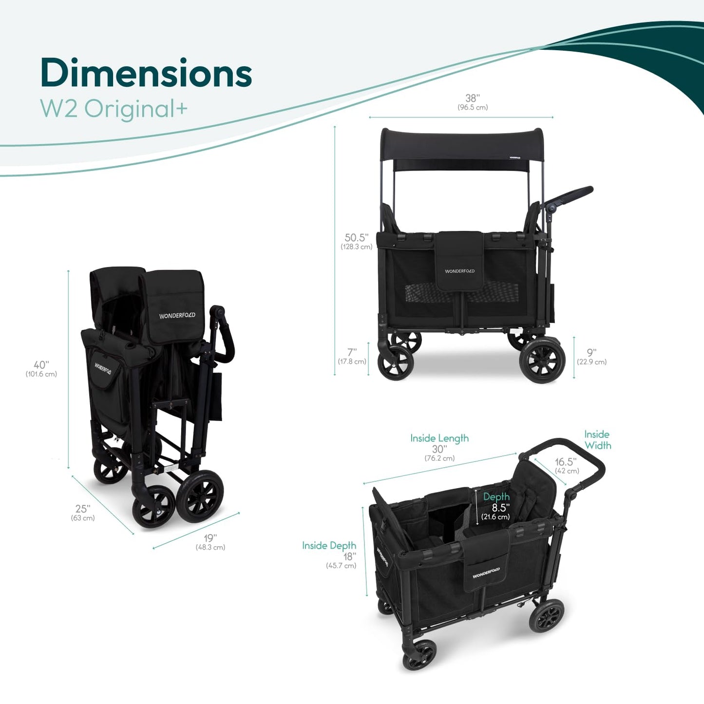 W2 Stroller Wagon, Steel Frame, 2 Seater, Black | Foldable Wagon with an Adjustable Canopy & Push Handle, All-Terrain Wheels & 5-Point Harnesses for Babies, Toddlers & Kids