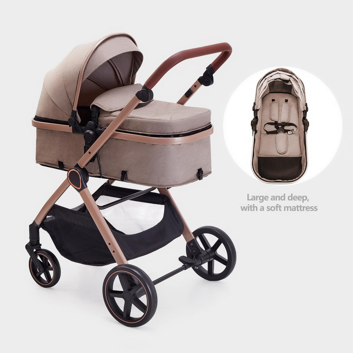 2 in 1 Baby Stroller, Newborn Infant Toddler Convertible Pram Stroller for 0-36 Months Old Babies (Beige)