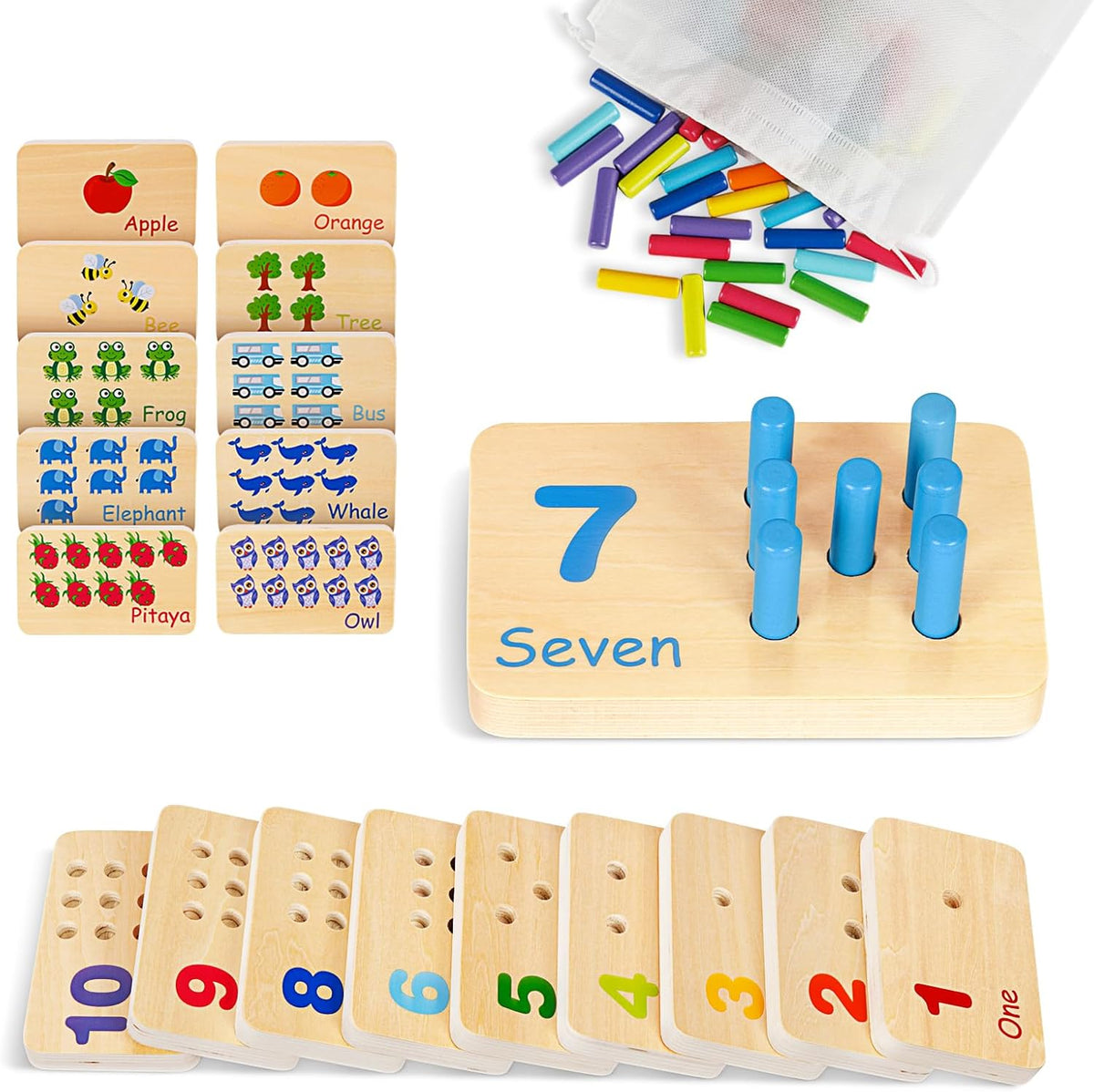 Peg Board Toddler Toys, Counting Wooden Toys with 55 Pegs | Wooden Math Manipulatives, Montessori Math and Numbers for Kids & Kindergarten Learning Activities