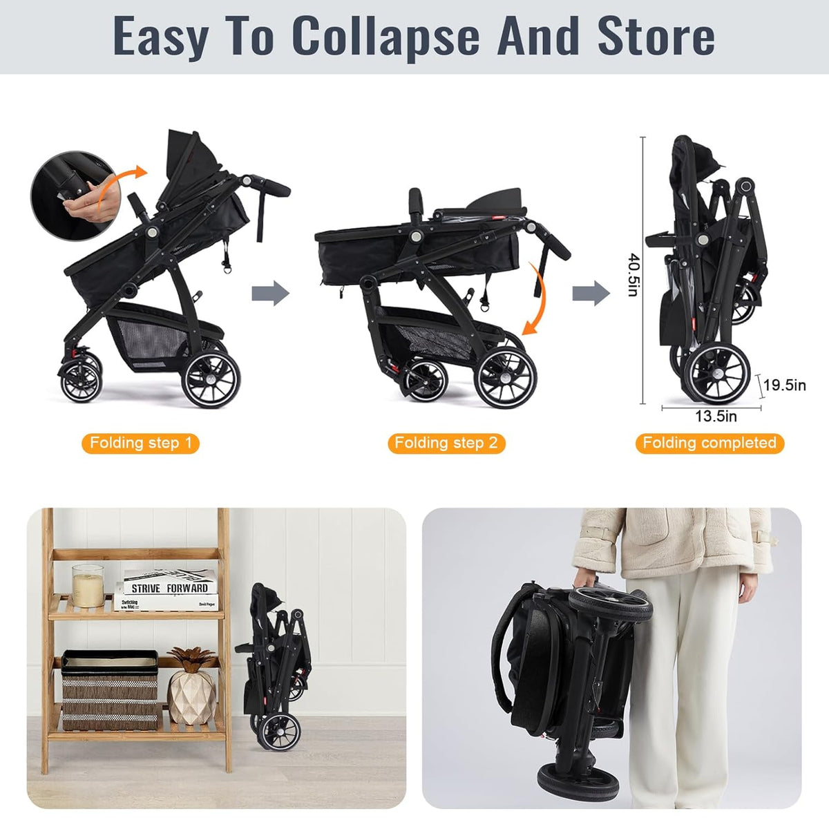 Baby Stroller, 2-In-1 Reversible Toddler Seat with Lie-Flat Mode, Foldable Infant Stroller with Canopy, One Button Brake, Adjustable Handle, Newborn Pushchair (Black B)