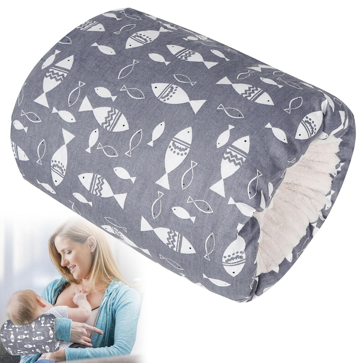 Baby Nursing Arm Pillow for Breastfeeding(Grey Fish) | 100% Cotton Fabric Cushions the Caregiver'S Arm for Bottle Feeding. Washable, Portable Design Measures 23 X 21 Cm.