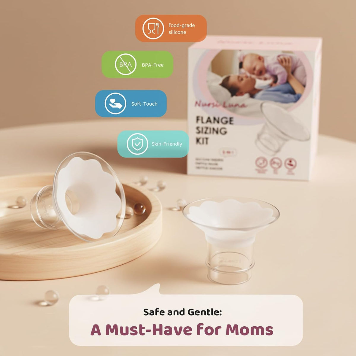 Flange Sizing Kit, Flange Inserts for 24Mm Breast Pumps, 10PCS | 13/15/17/19/21Mm, Includes Nipple Sizer for Flanges to Find the Right Fit, Soft Silicone for Comfortable & Efficient Pumping