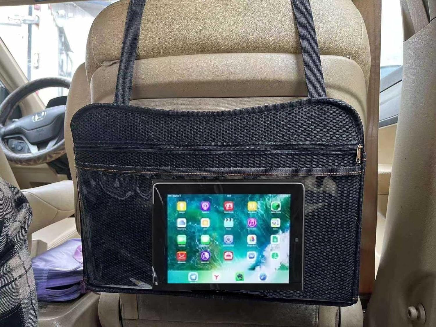 2-In-1 Kids Toddler Travel Tray & Back Seat Organizer — Foldable Waterproof Car Tray with Tablet Holder, Cup Holder, Storage Pockets for Road Trips & Airplane (Premium Blue)