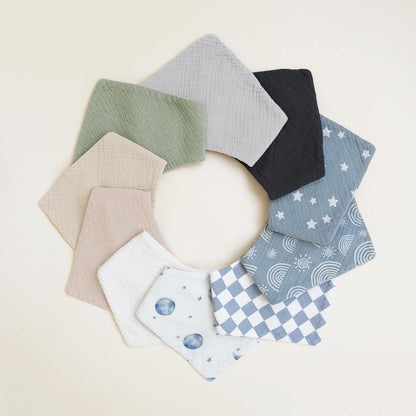 10 Pack Baby Muslin Bandana Bibs for Drooling and Teething | 100% Cotton, 6-Layer Bibs, Pre-Washed Soft & Absorbent, Adjustable Neck Fit, Boys & Girls 0-36M