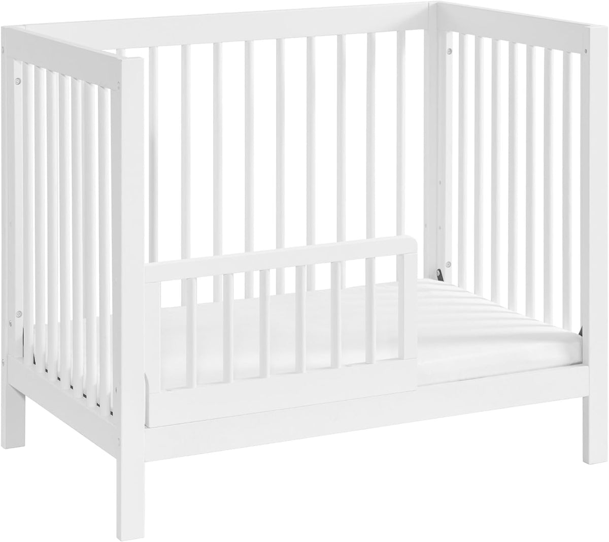 2 PC Nursery Set Essentials Island Mini 4-In-1 Convertible Baby Crib with round Spindles, White Essentials Mini Crib to Toddler Bed Guard Rail Conversion Kit, White