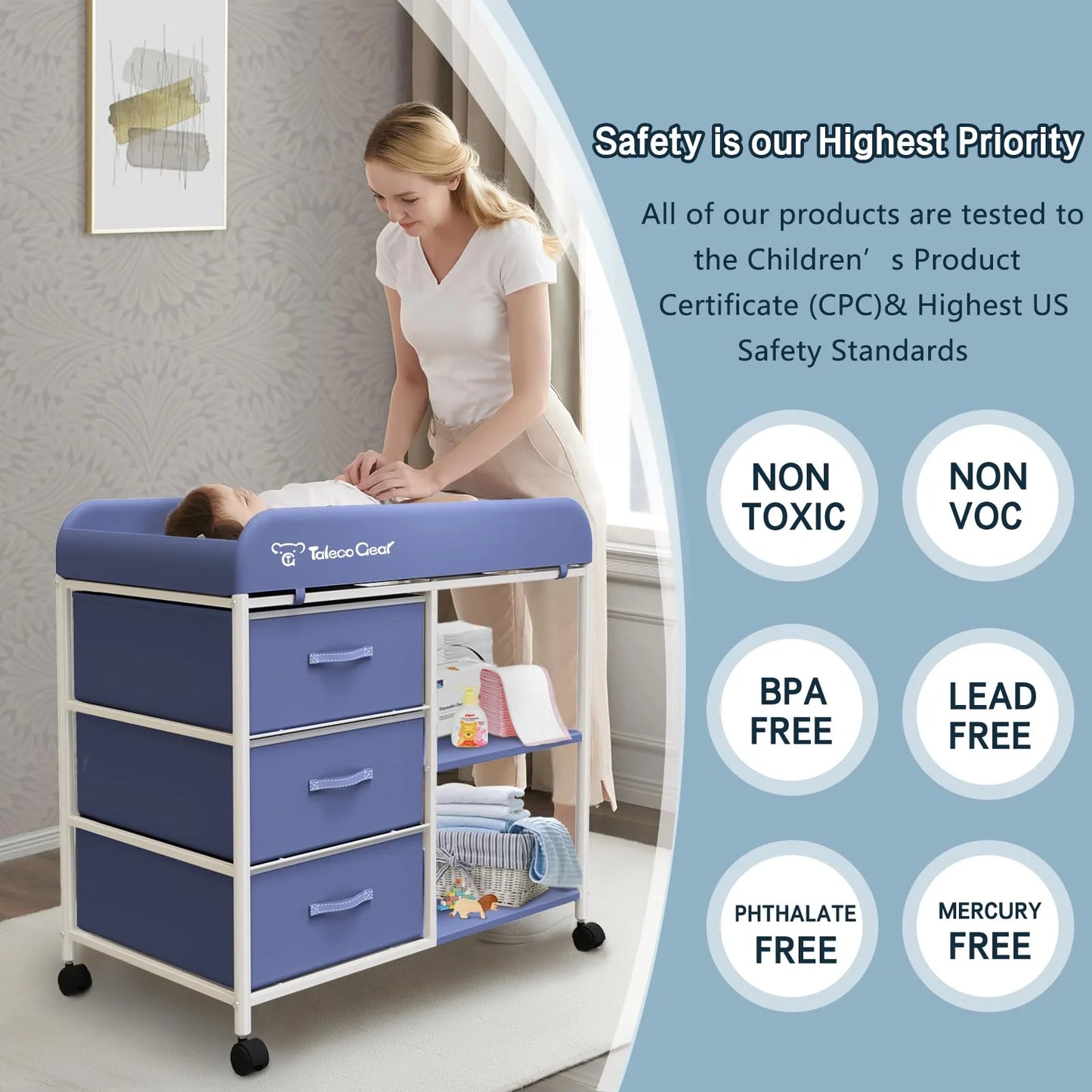 Baby Changing Table, Portable Diaper Changing Station with Wheels, Nursery Organizer for Newborn and Infant, Blue