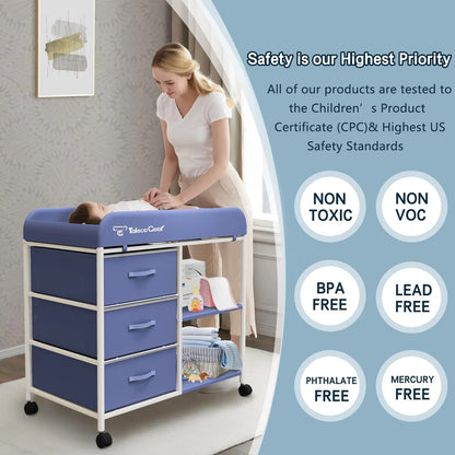 Baby Changing Table, Portable Diaper Changing Station with Wheels, Nursery Organizer for Newborn and Infant, Blue
