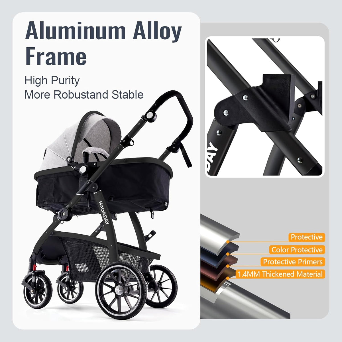 Baby Stroller, 2-In-1 Reversible Toddlerseat with Lie-Flat Mode, Foldable Infant Stroller with Canopy, One Button Brake, Adjustable Handle, Newborn Pushchair (Gray B)