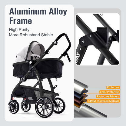 Baby Stroller, 2-In-1 Reversible Toddlerseat with Lie-Flat Mode, Foldable Infant Stroller with Canopy, One Button Brake, Adjustable Handle, Newborn Pushchair (Gray B)
