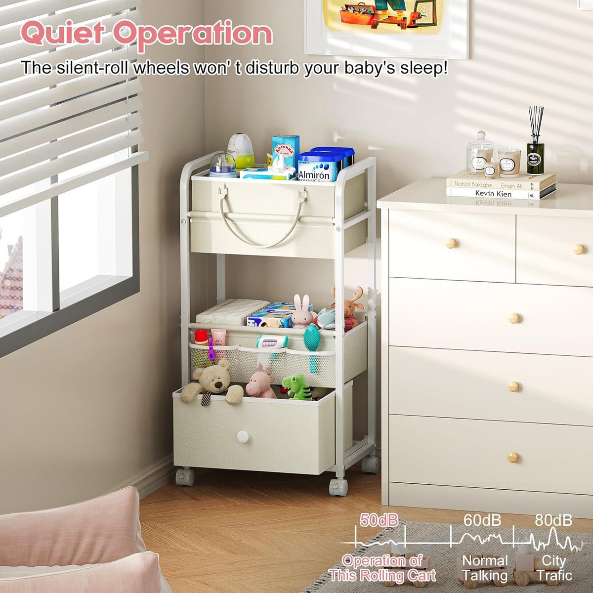 2In1 Baby Diaper Caddy Organizer and Storage, 3 Tier Rolling Cart with Drawer, Detachable Dividers, Mobile Utility Cart Baby Dresser Clothes Organizer for Baby Essentials, Bedroom, Nursery