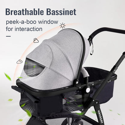 Baby Stroller, 2-In-1 Reversible Toddlerseat with Lie-Flat Mode, Foldable Infant Stroller with Canopy, One Button Brake, Adjustable Handle, Newborn Pushchair (Gray B)