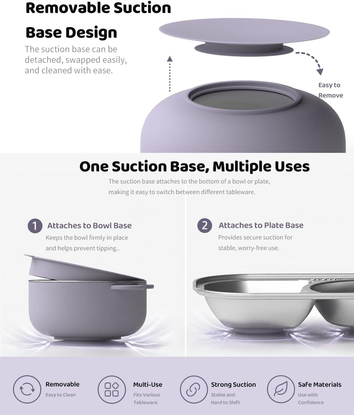 Stainless Steel Baby Feeding Set with Detachable Suction Base, Toddler Plates, Bowl, Cup & Kids Utensils, Grow-With-Baby Feeding Essentials for Self Feeding, Toddler Dinnerware Snack, Lilac