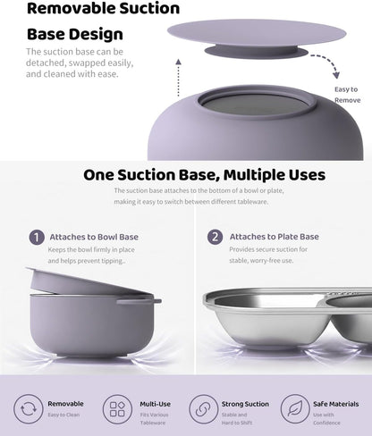 Stainless Steel Baby Feeding Set with Detachable Suction Base, Toddler Plates, Bowl, Cup & Kids Utensils, Grow-With-Baby Feeding Essentials for Self Feeding, Toddler Dinnerware Snack, Lilac