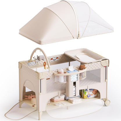 Baby Bassinet,Pack and Play,Bedside Crib Sleeper,Diaper Changer | One-Step Fold, Large Size Pack N Play, Comes with Mattress, Mosquito Net, Side Storage and Toy Bar, for Newborn to Toddler