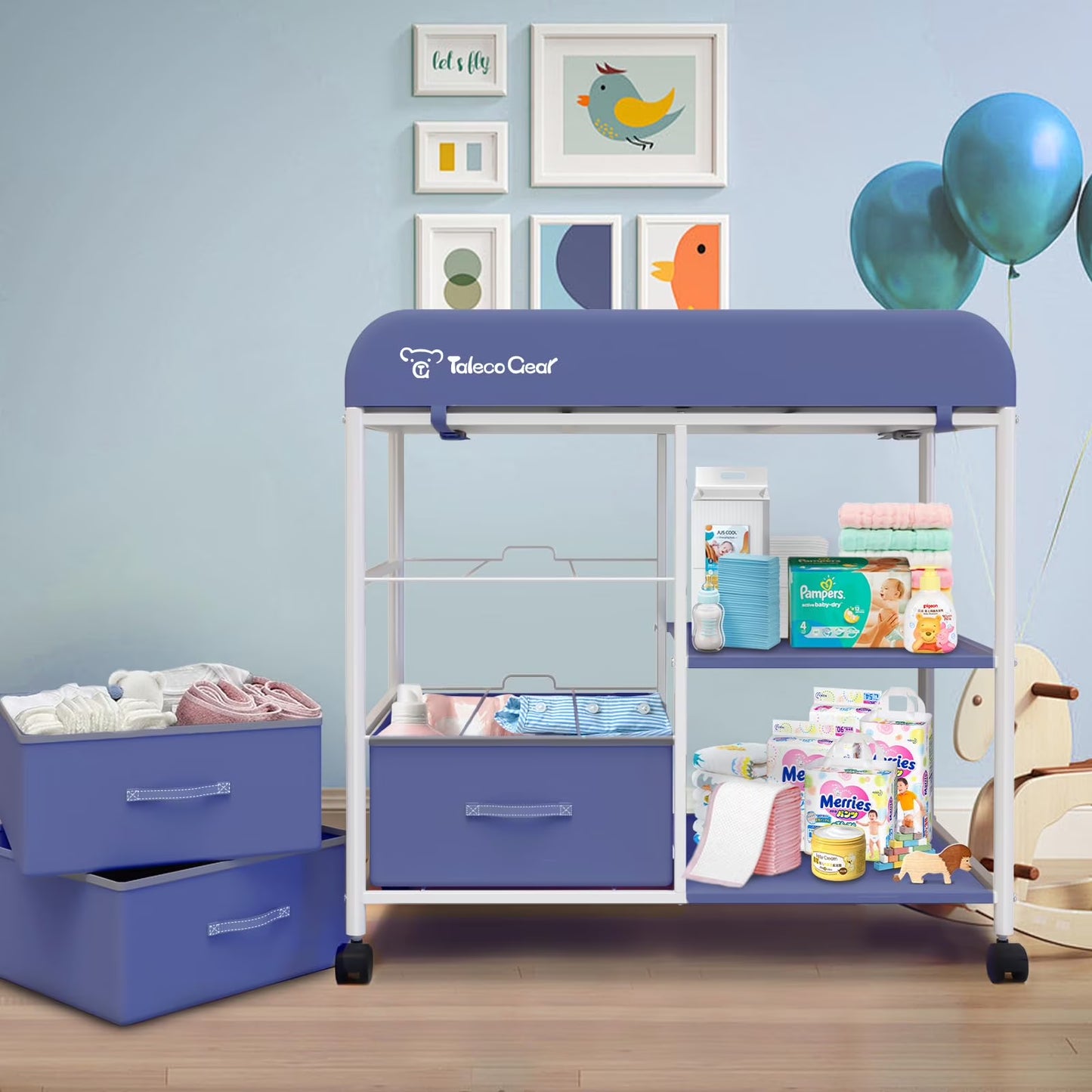 Baby Changing Table, Portable Diaper Changing Station with Wheels, Nursery Organizer for Newborn and Infant, Blue