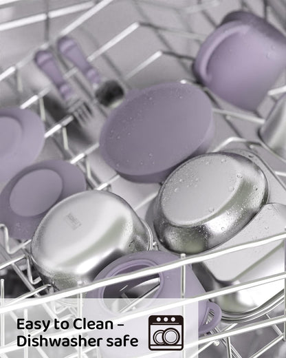 Stainless Steel Baby Feeding Set with Detachable Suction Base, Toddler Plates, Bowl, Cup & Kids Utensils, Grow-With-Baby Feeding Essentials for Self Feeding, Toddler Dinnerware Snack, Lilac